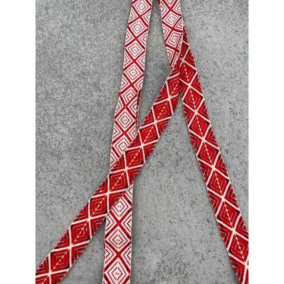 Handwoven Red & White Geometric Diamond Pattern Trim Vintage Textile - Picture 3 of 3